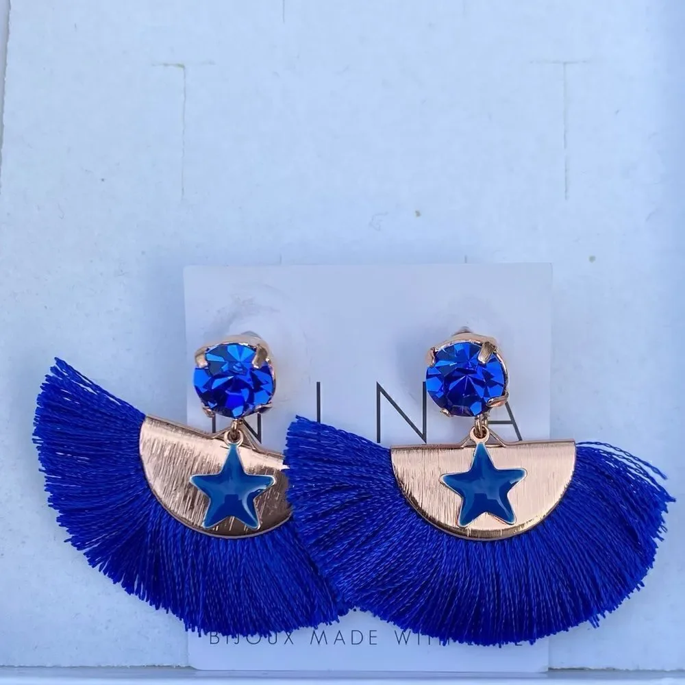 Nina Tra Le Nuvole Blue Saphire/Cobalt Fan Star Rhinestone Earrings. New(NIB)